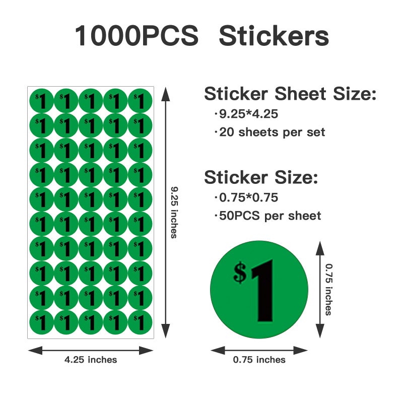 DUGUTUL 1000 pcs $1 Color-Coded Price Stickers for Garage Sale and Flea Market, 3/4"" Diameter - Bold Fonts, Clear Visibility, High Visibility, Easy Organization - Image 2